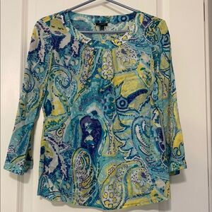 Talbots Blue Graphic 3/4 Sleeve Blouse